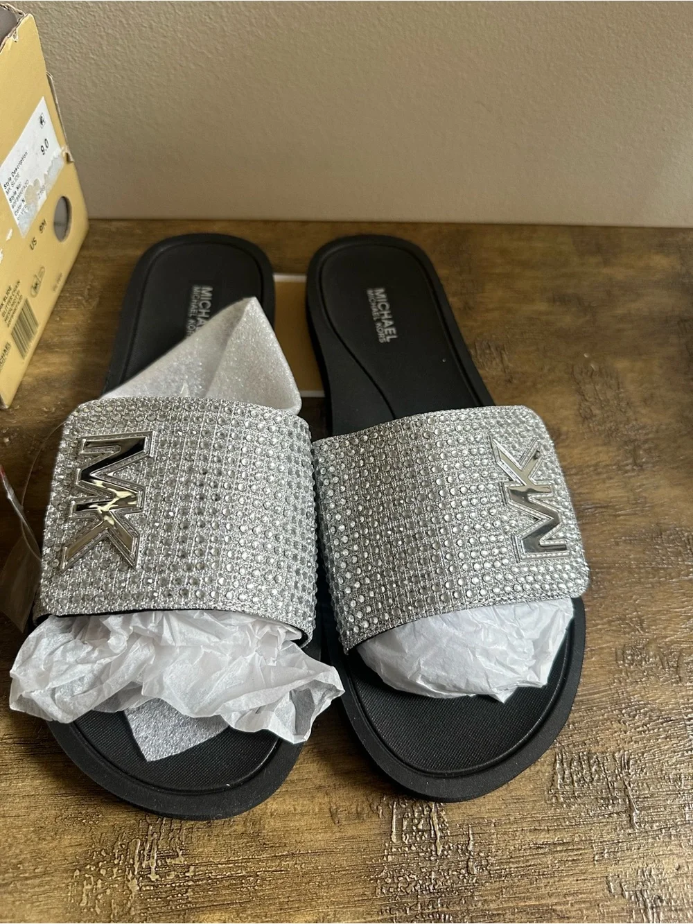 Michael Kors Silver Crystal MK  GLITTER CHAIN MK Slide Sandal